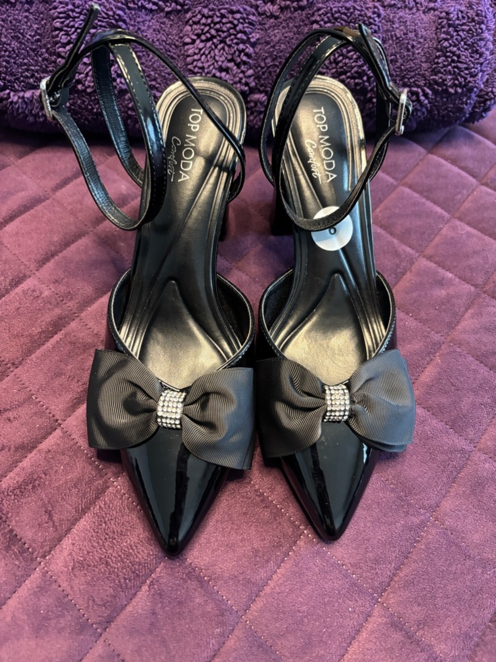 TOP Moda Black Patent Pointed Toe Bow Ankle Strap Heels with Rhinestone Detail